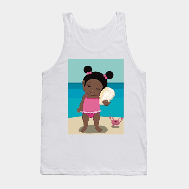 Vacation mood on - cute little dark girl having a quiet moment on the beach listening to the sound of a seashell, lighter ,no text Tank Top by marina63